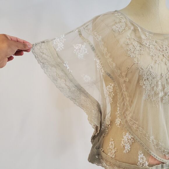 Sheer Mesh Lace Trim Flutter Sleeve Top M Coquette Fairy Whimsical Boho Feminine - Picture 2 of 13